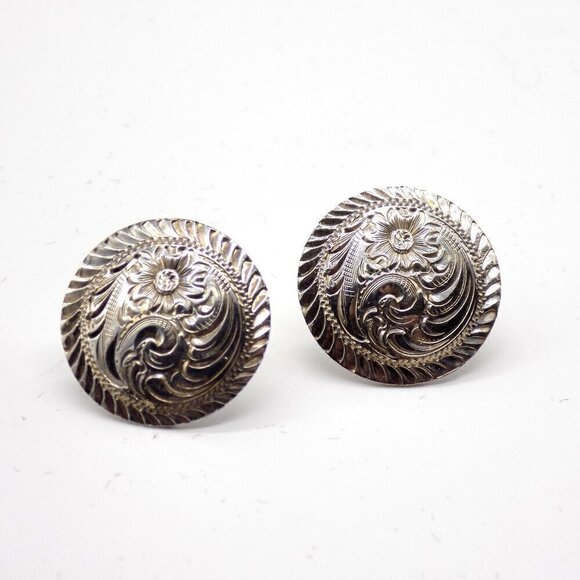 Vintage Sterling Silver Stud Earrings Circle Disc Etched Swirl Floral Pierced - Picture 1 of 4